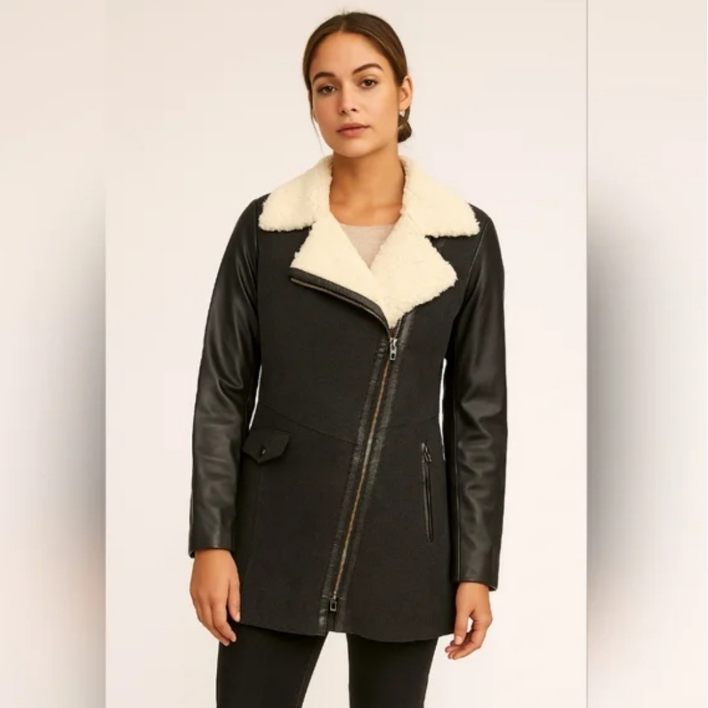 Danier Wool & Genuine Leather Moto Coat Sherpa Collar Thinsulate Winter S